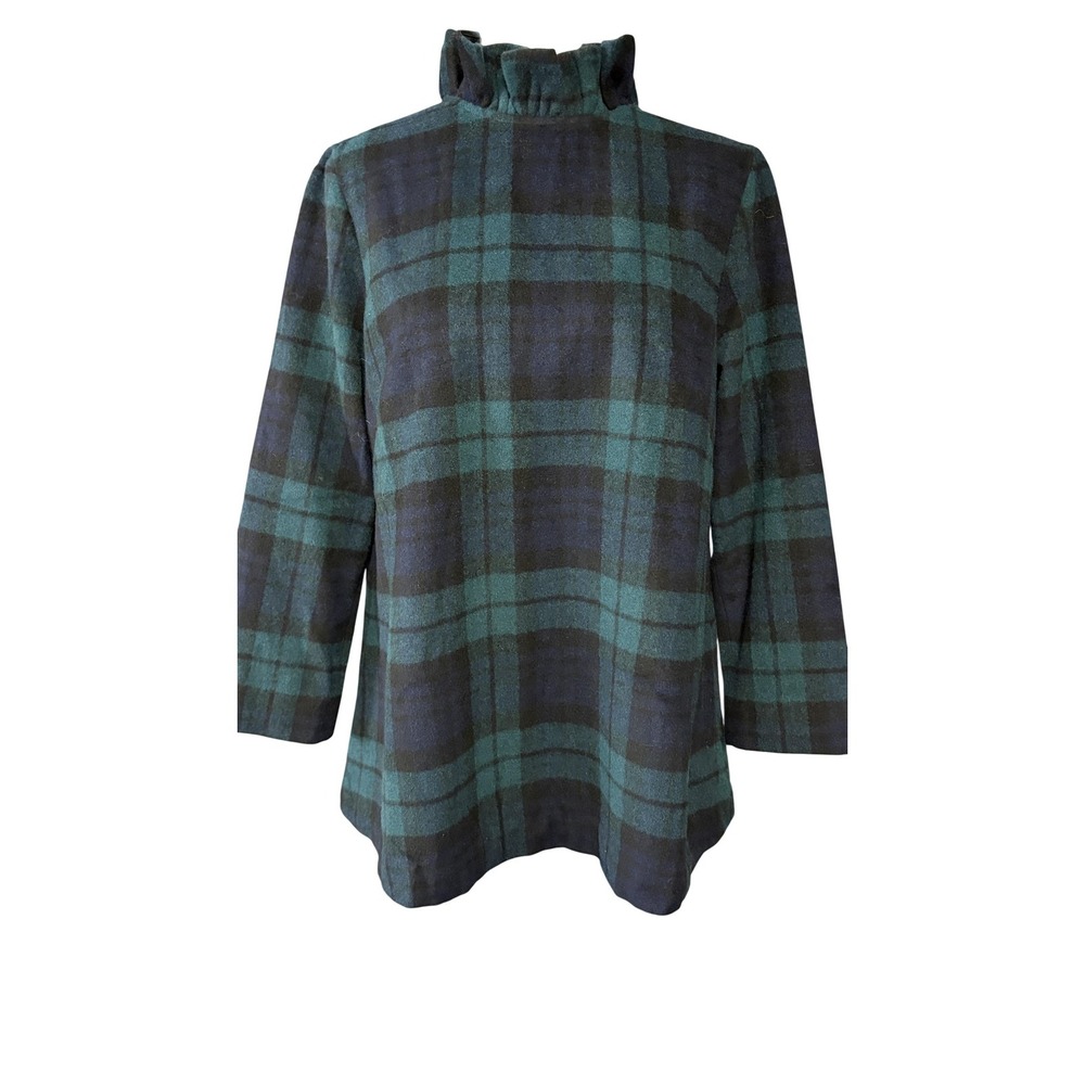Tuckernuck Blouse Womens M Green Plaid Ruffle High Neck 3/4 Sleeve Top